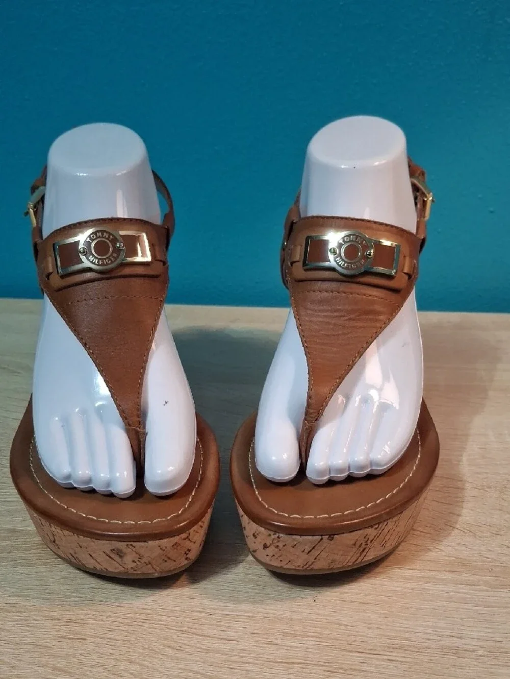 Tommy Hilfiger Monor Tan Leather Cork Wedge Sandals with Gold Hardware